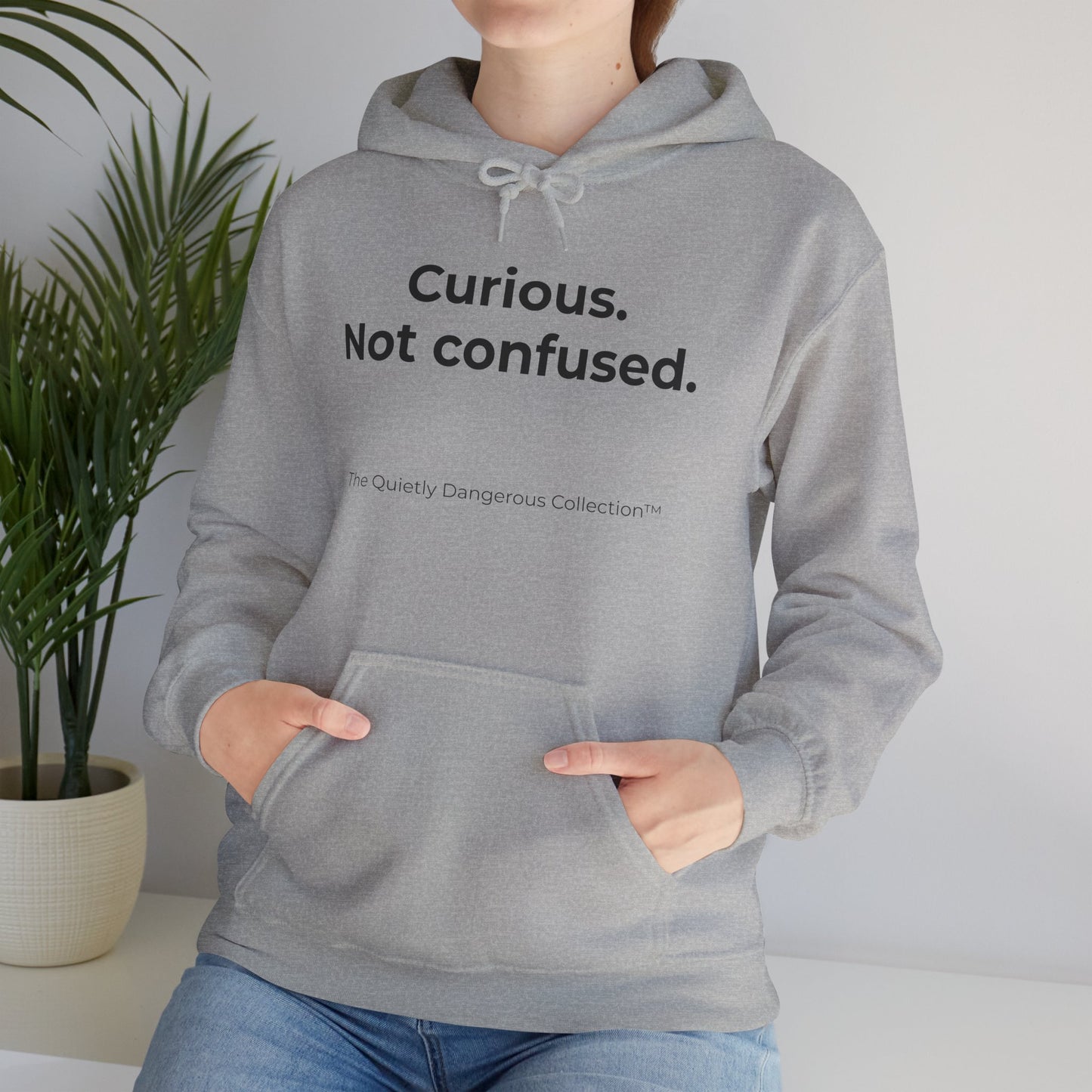 Curious Not Confused Hoodie — "Uncategorized" Back-Print Quietly Dangerous Collection