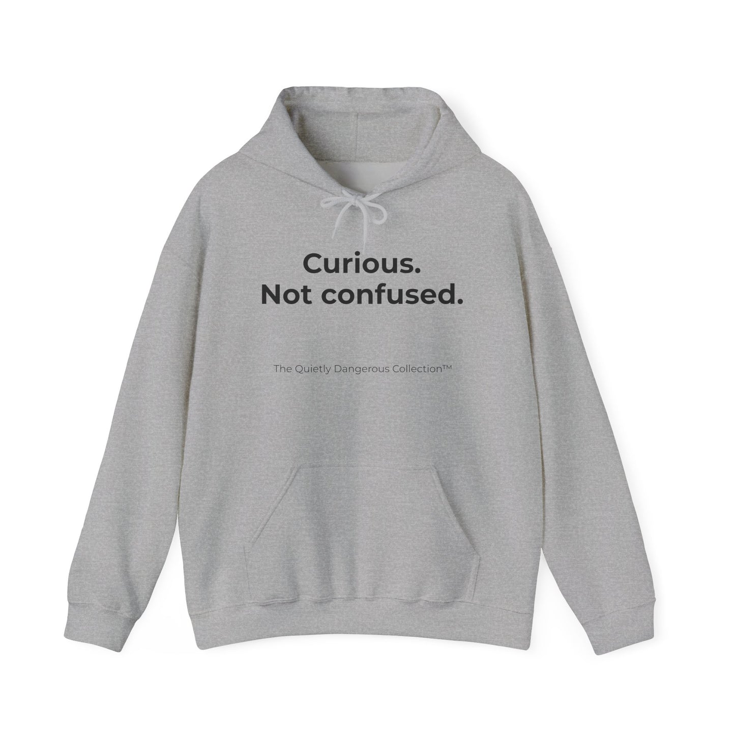 Curious Not Confused Hoodie — "Uncategorized" Back-Print Quietly Dangerous Collection